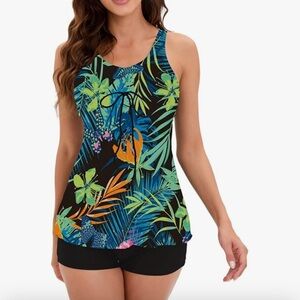 2 Piece tankini top with boys shorts Leaf Printed Bathing Suit